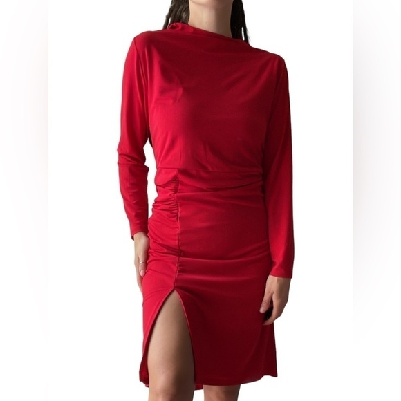 🥒 Eloquii Red Long Sleeve Ruched Sheath Mini Dress Leg Slit Red Women’s Plus 16 - Picture 11 of 11